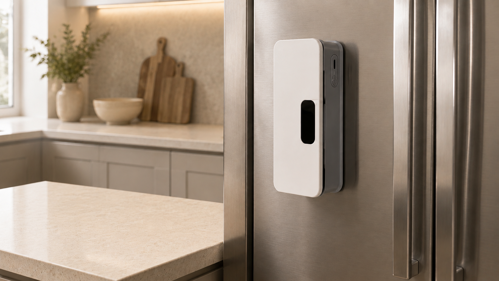 Sealvero bag sealer stored magnetically on a stainless steel fridge door
