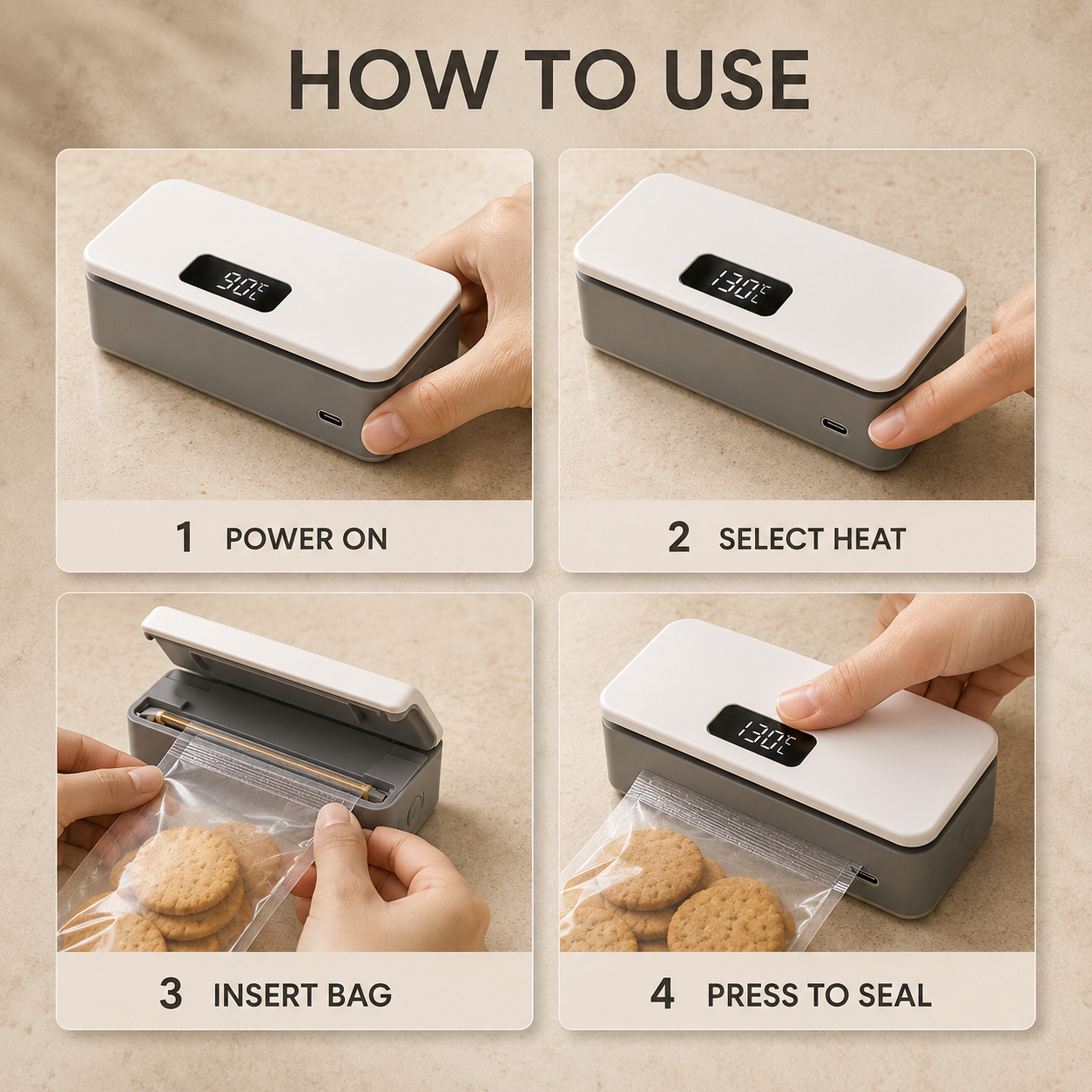 Four step guide showing how to use the Sealvero bag sealer