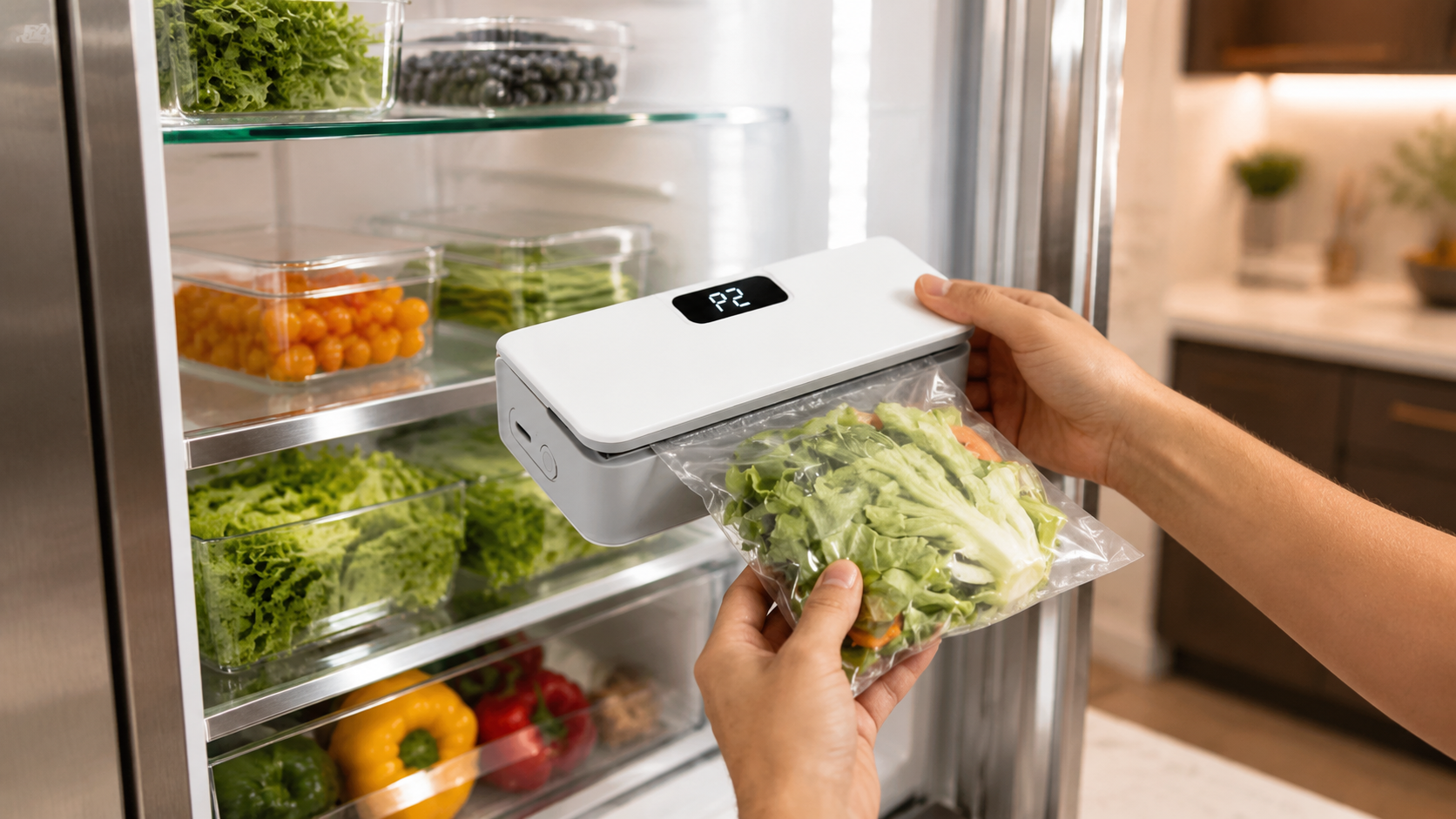 Sealvero bag sealer being used to close a bag of lettuce at the fridge
