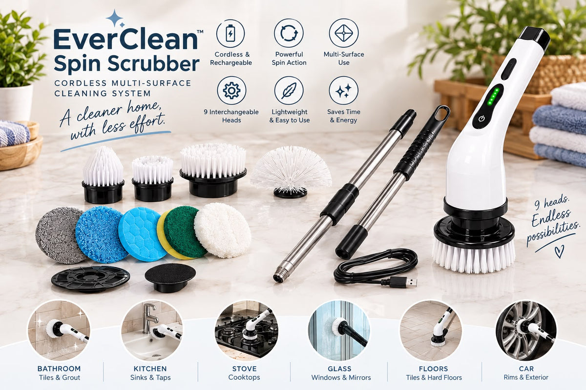 EverClean Spin Scrubber with its interchangeable cleaning heads