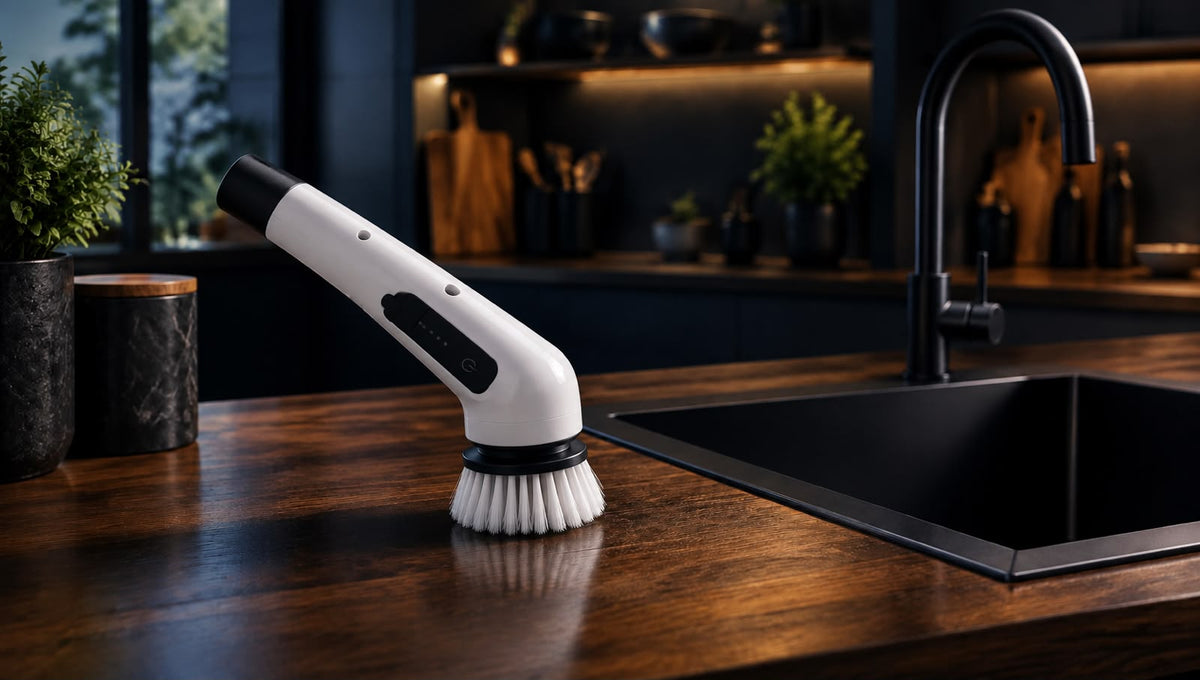 EverClean Spin Scrubber standing on a warm kitchen counter